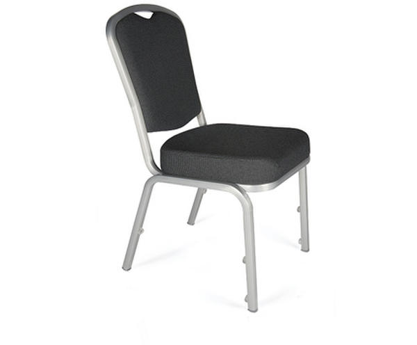 Stackable modern banquet chair with chrome frame and comfortable grey padded seat