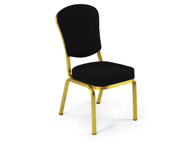 Stacking banquet chair with gold frame and black fabric upholstery