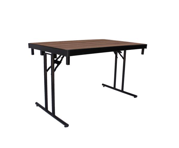Table pliante Alu-Lite - Pieds en T, structure noire, plateau en noyer