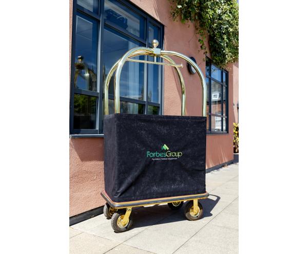 Birdcage luggage cart panel with branding